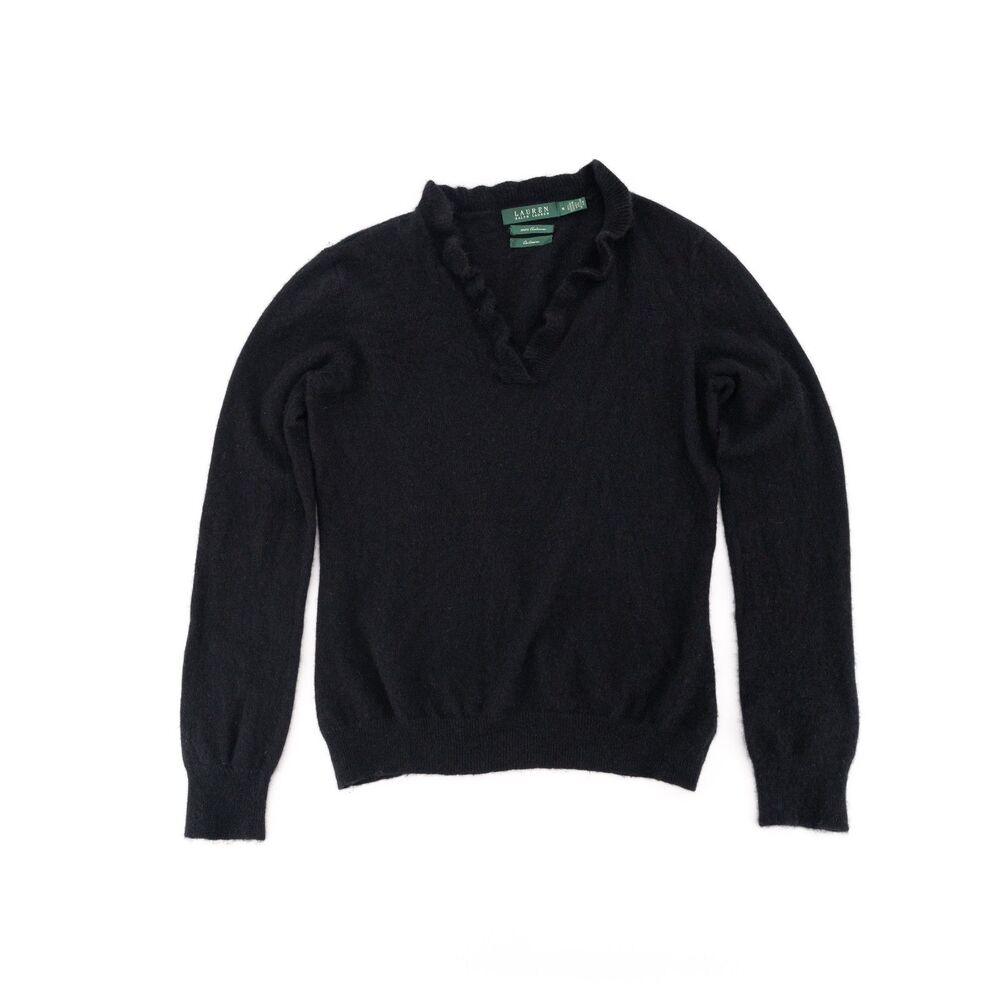 Lauren Ralph Lauren Womens M Cashmere Sweater Ruffle Neck Long Sleeve Top Black